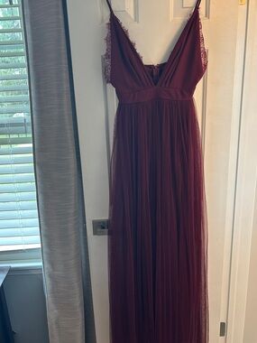 Pink Lily Burgundy Tulle Maxi Dress with Lace Trim